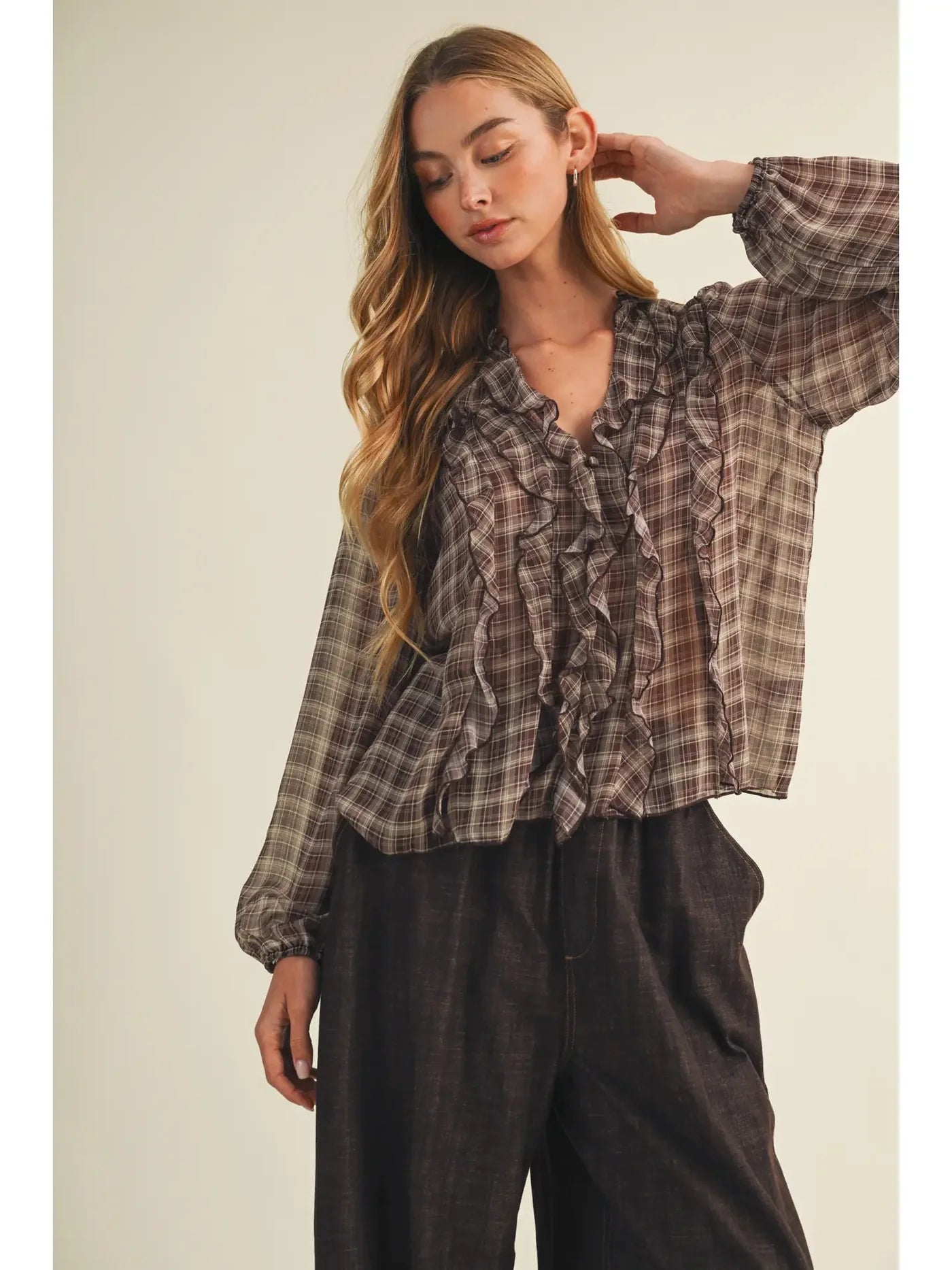 Georgia Ruffle Cascade Plaid Blouse