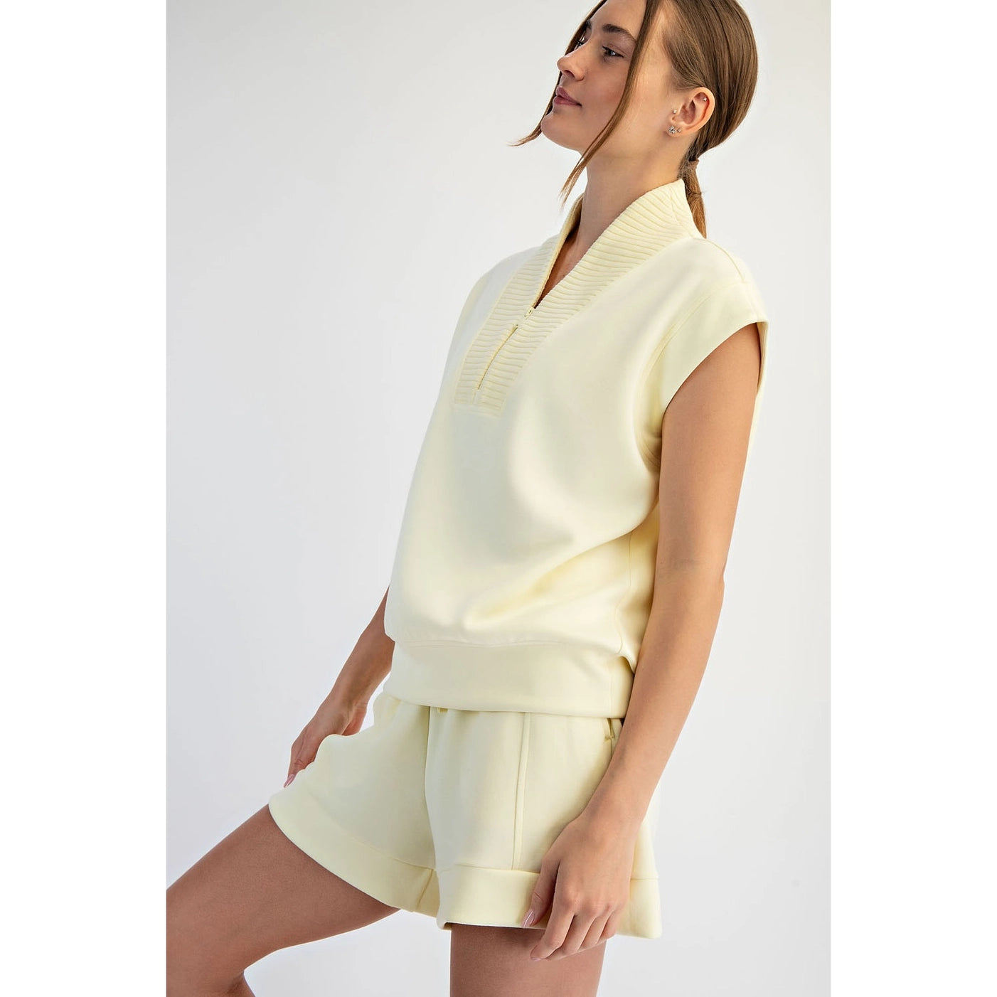 Zinnia Modal Scuba Quarter Zip Sleeveless Top