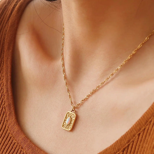 18K Non-Tarnish Rectangle Stone Sun Necklace