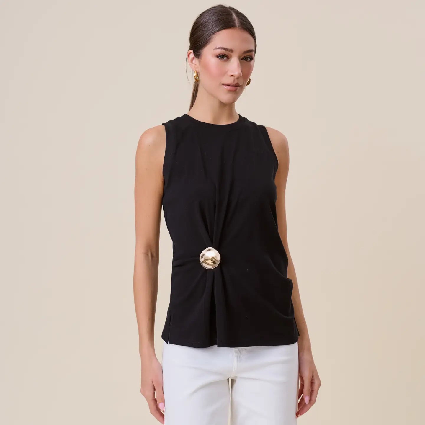 Willa Knit Top with Gathered Gold Brooch