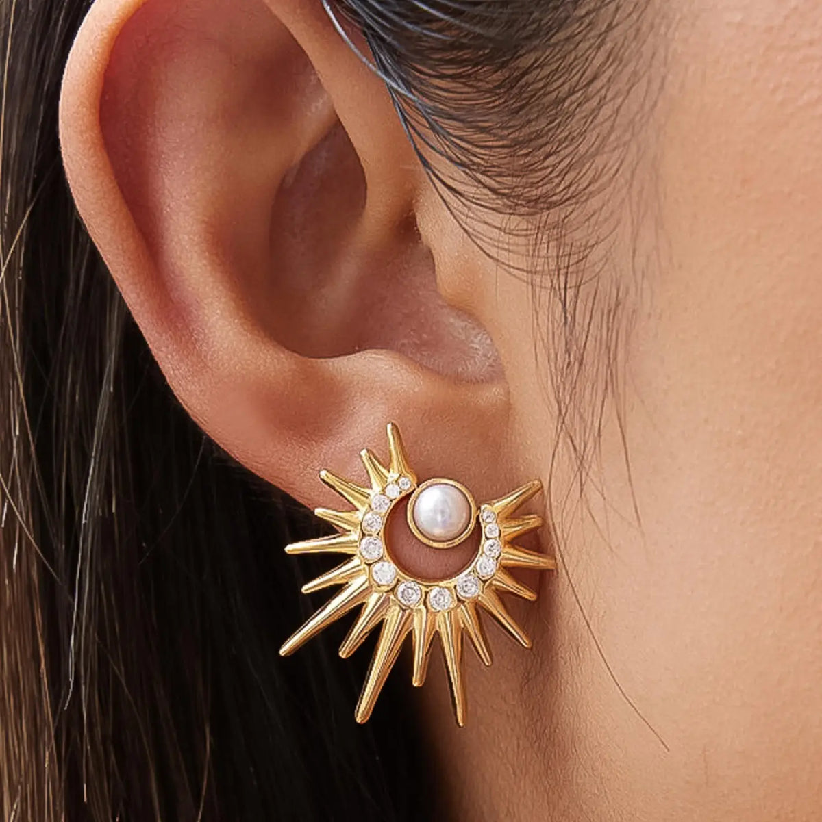 18K Gold Non-Tarnish Pearl Sunburst Earrings