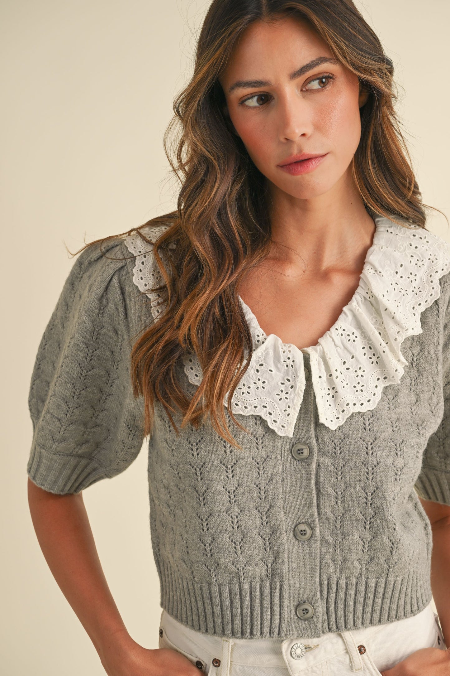 Lilith Crochet Collar Knit Short Sleeve Cardigan