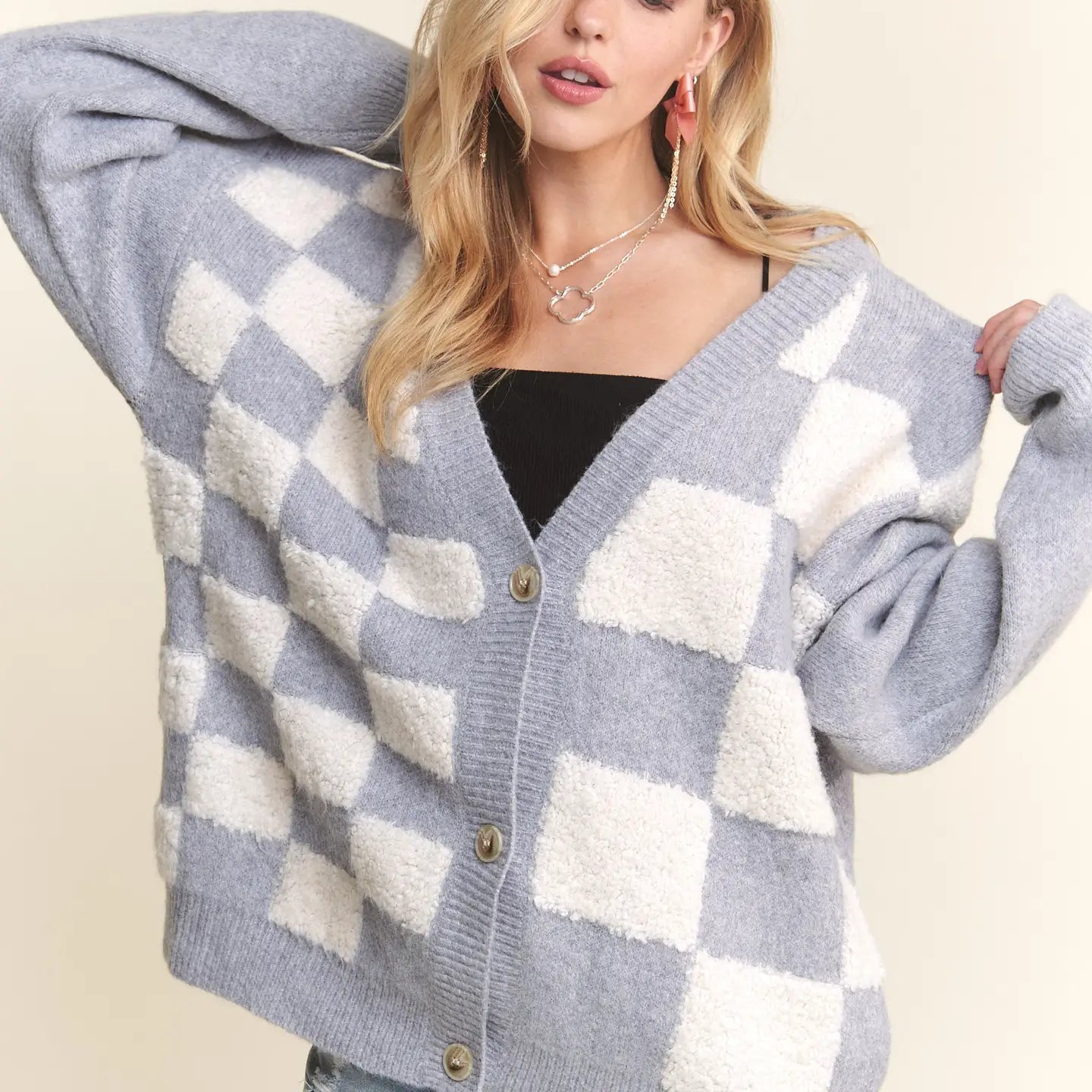 Talia Puff Checker Sweater Cardigan- Plus