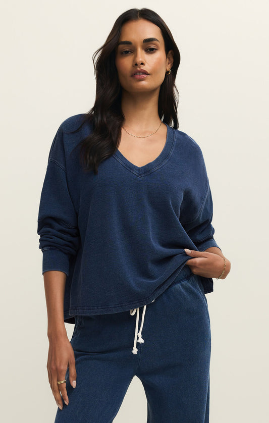 Judith V-Neck Knit Denim Sweatshirt
