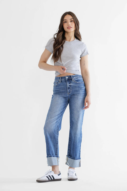 Drew Super High Rise Relaxed Fit Straight Leg Cuffed Denim