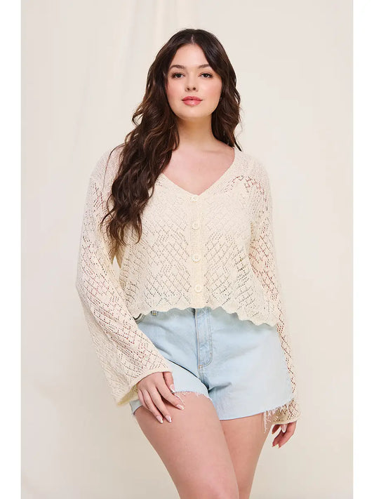 Avon Scallop Hem Crochet Knit Cardigan- Plus