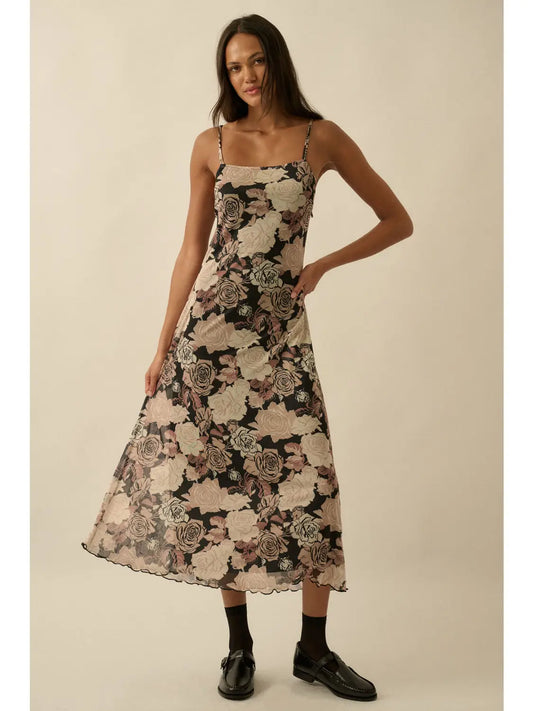 Rosie Floral-Print Mesh Midi Slip Dress