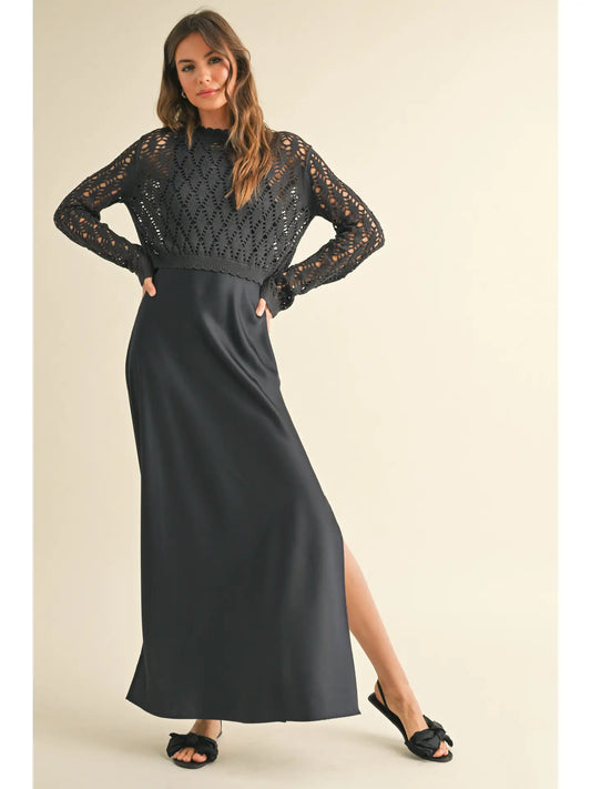 Jo 2 Piece Satin Slip Dress With Crochet Sweater