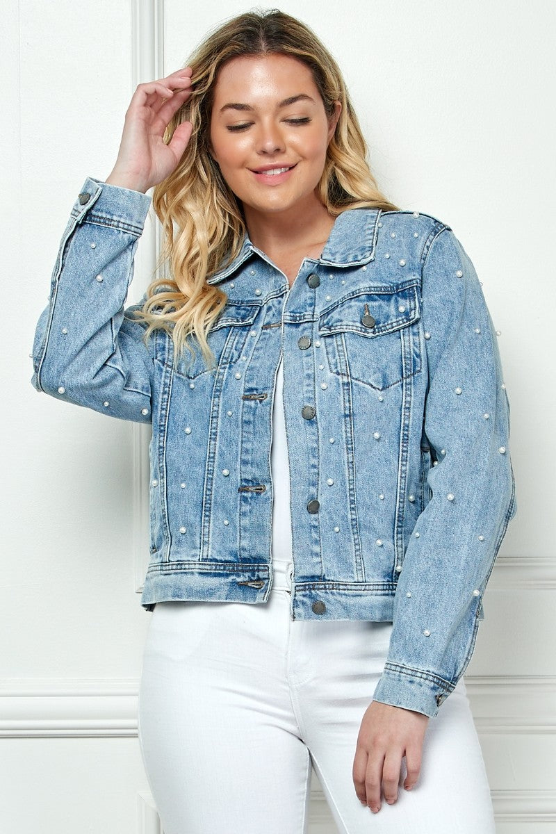 Audrey Pearl Cropped Denim Jacket - Plus