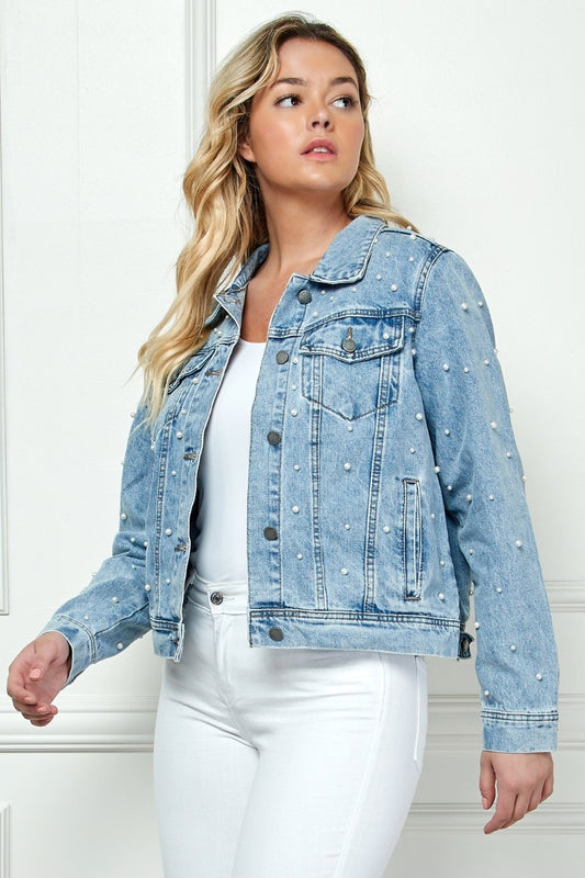 Audrey Pearl Cropped Denim Jacket - Plus