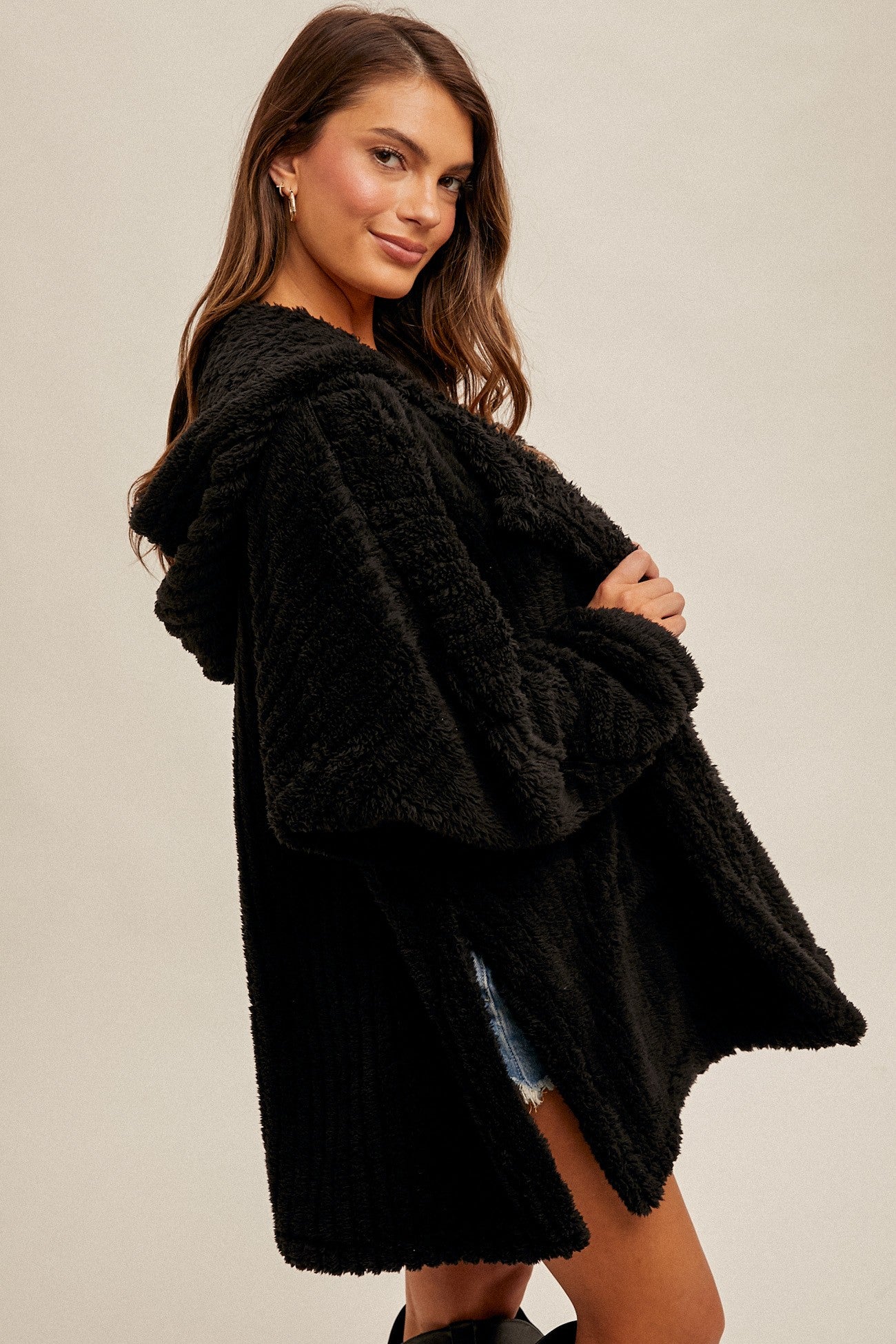 Serenity Fuzzy Split Hem Hooded Cardigan