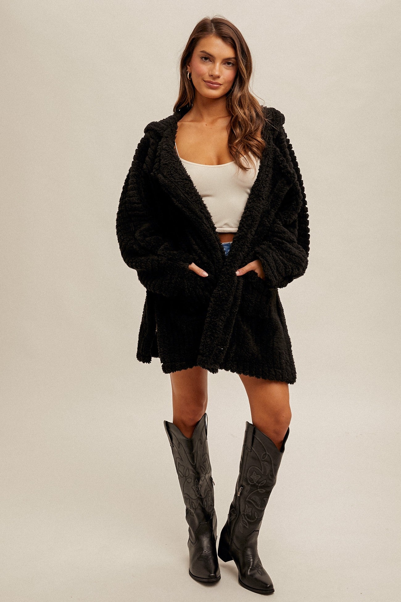 Serenity Fuzzy Split Hem Hooded Cardigan